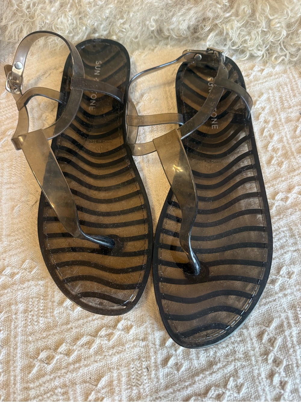 Sun + Stone Black Clear Jelly T-Strap Sandals